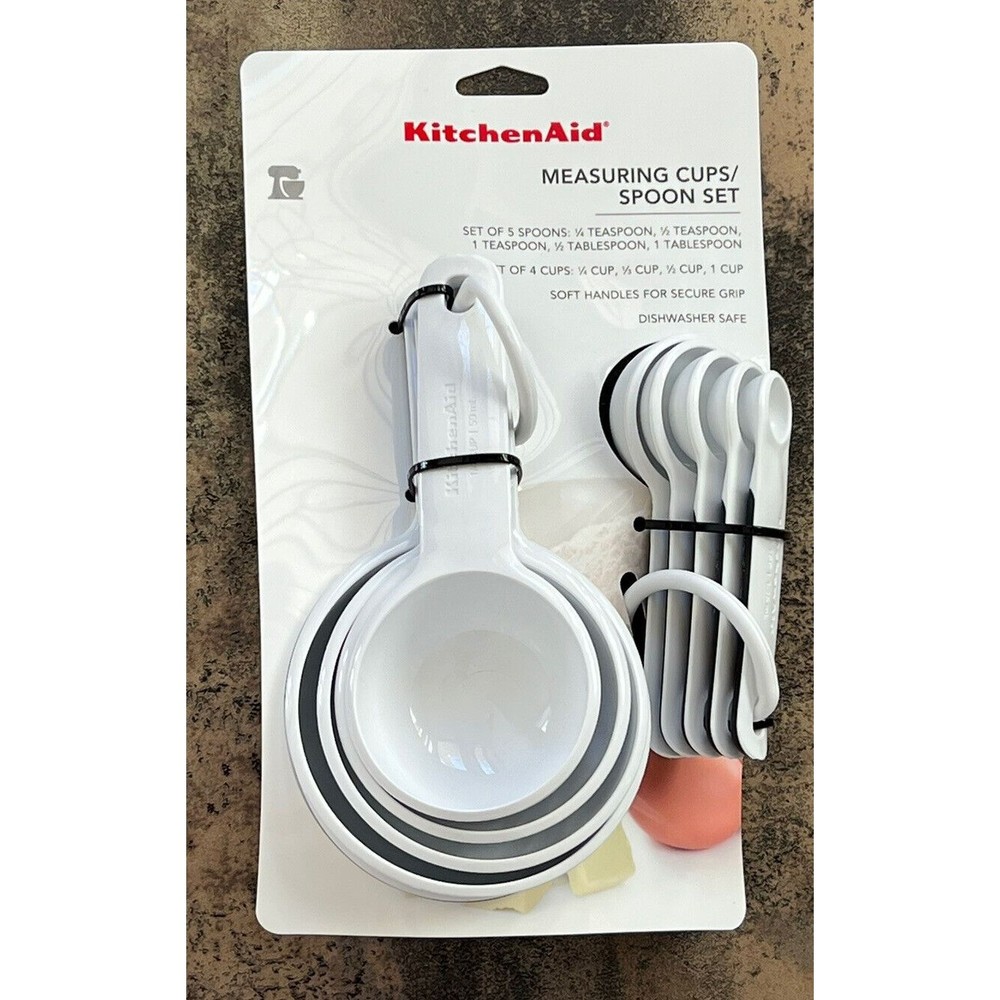KitchenAid Measuring Cups Spoons Teaspoon Set White 9 Piece Combo Stack New